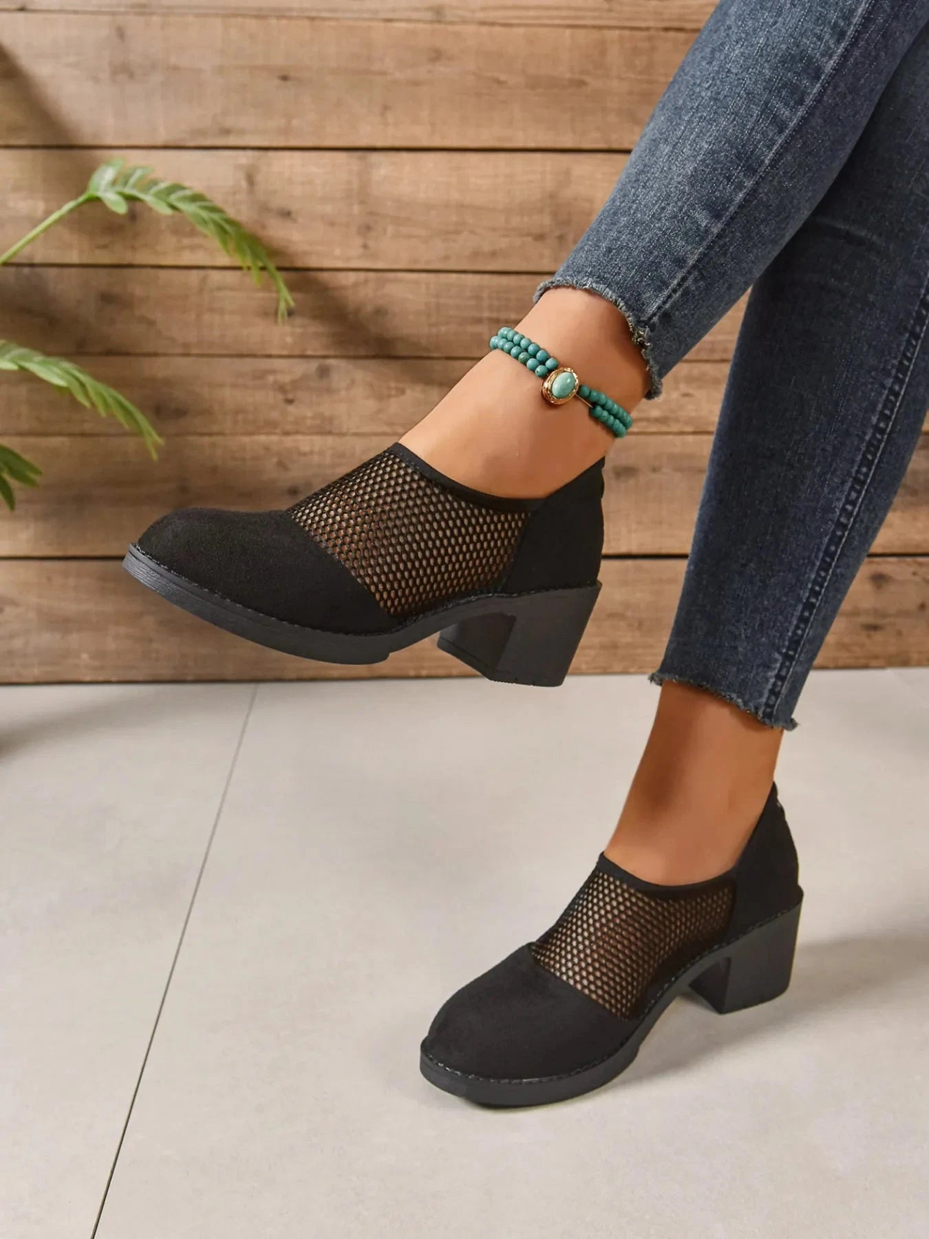 Mesh Panel Block Heel Pumps