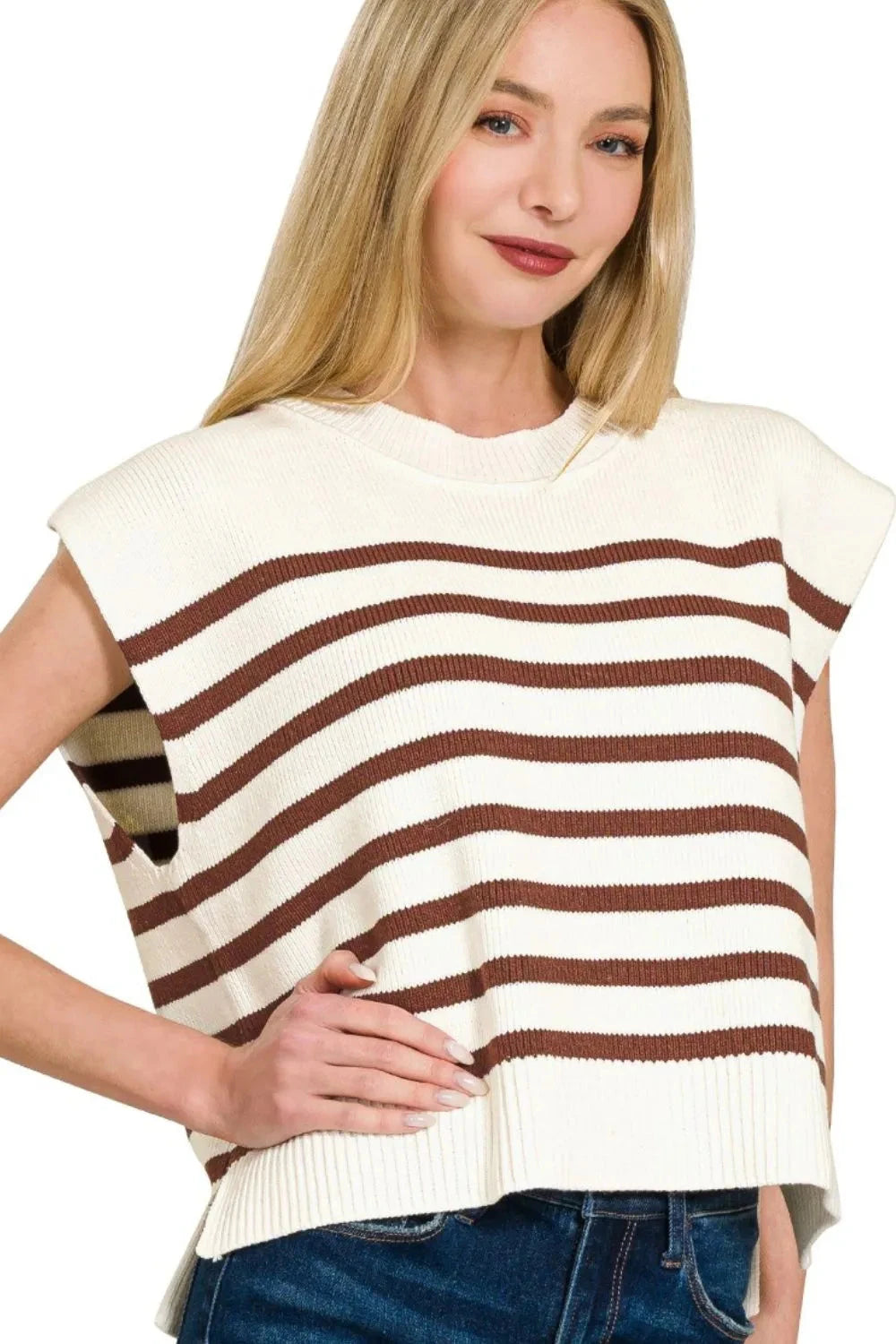 Zenana Oversized Crew Neck Stripe Sweater Vest