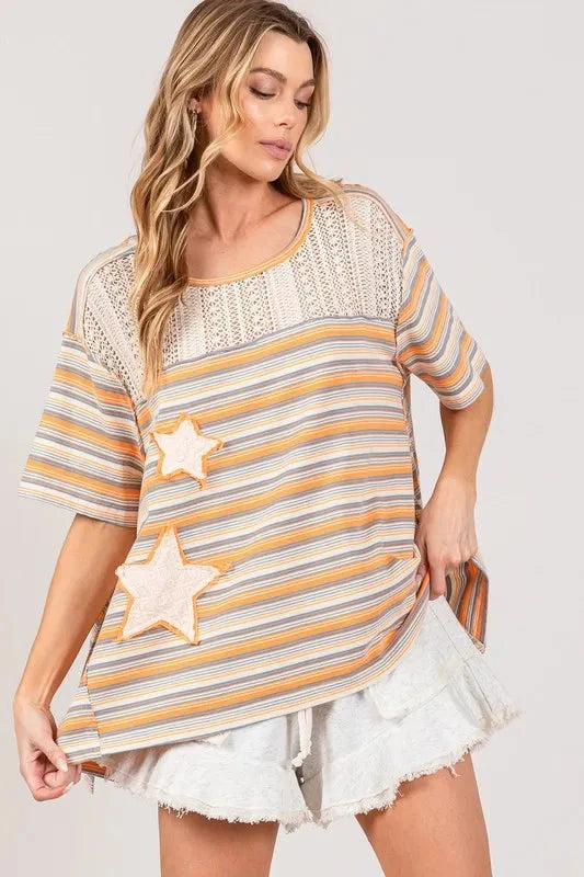 SAGE+FIG Accent Striped with Star Applique T-Shirt