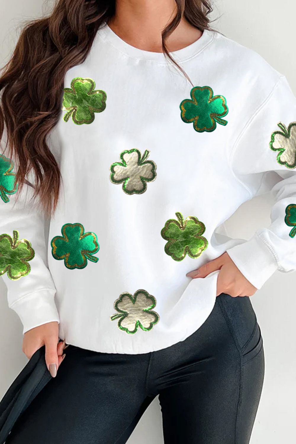 Lucky Clover Round Neck Long Sleeve Sweatshirt - Laazaar