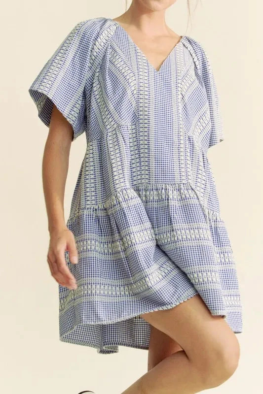 Davi & Dani Embroidered Stripe Ruffled Gingham Mini Dress