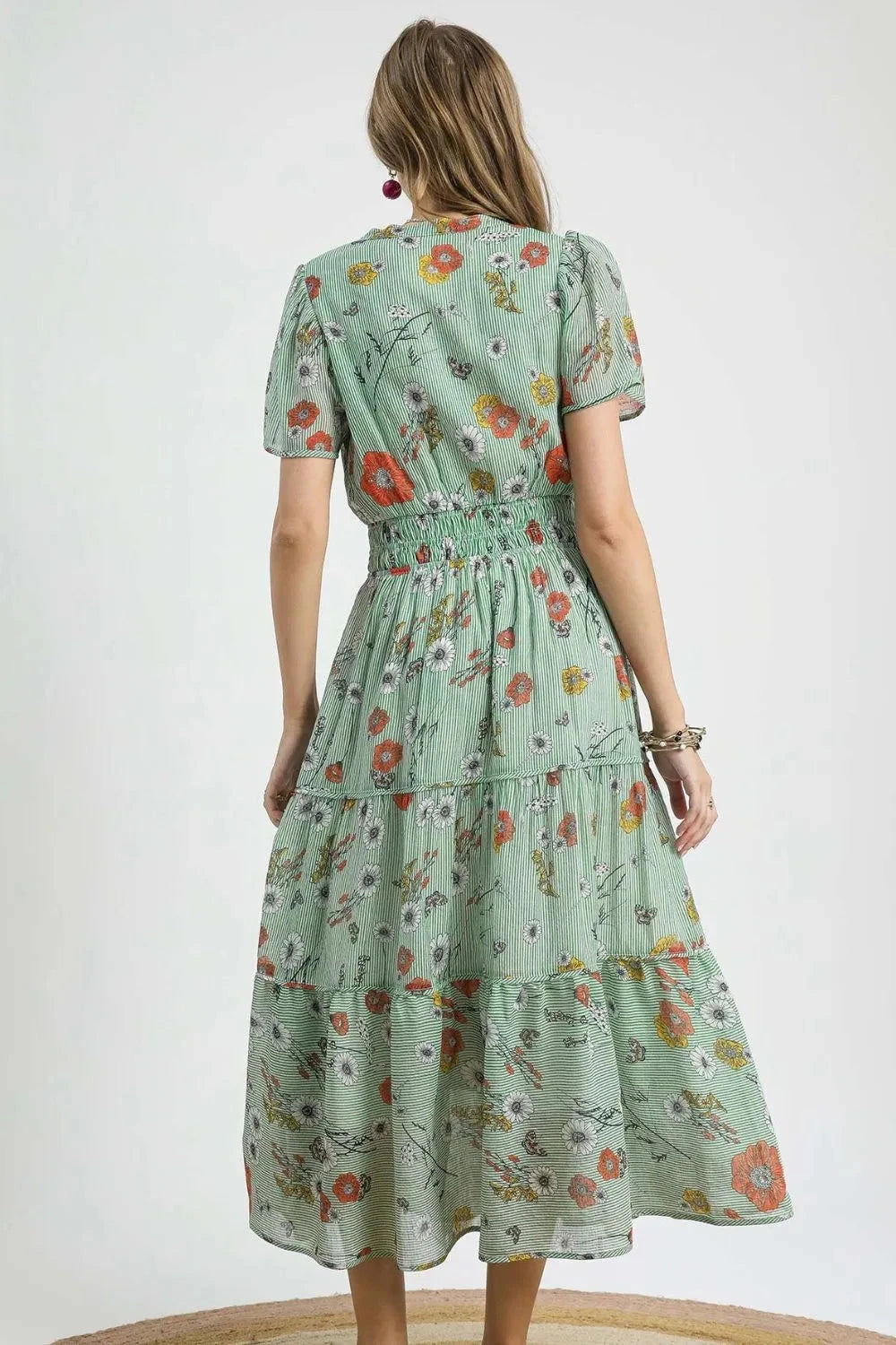 Umgee Smocked Waist Floral Short Sleeve Midi Dress