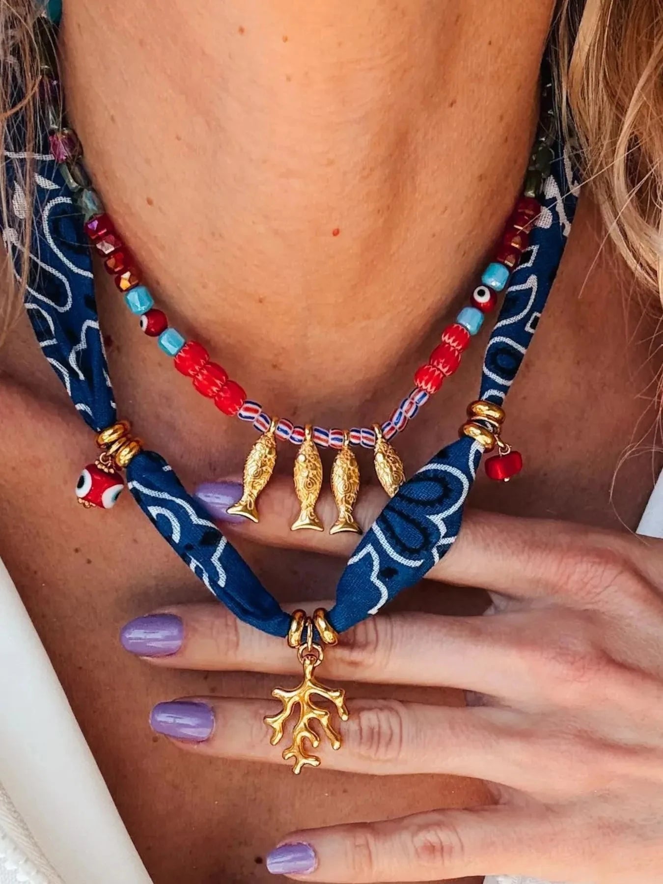 2-Piece Coral and Fish Pendant Necklace