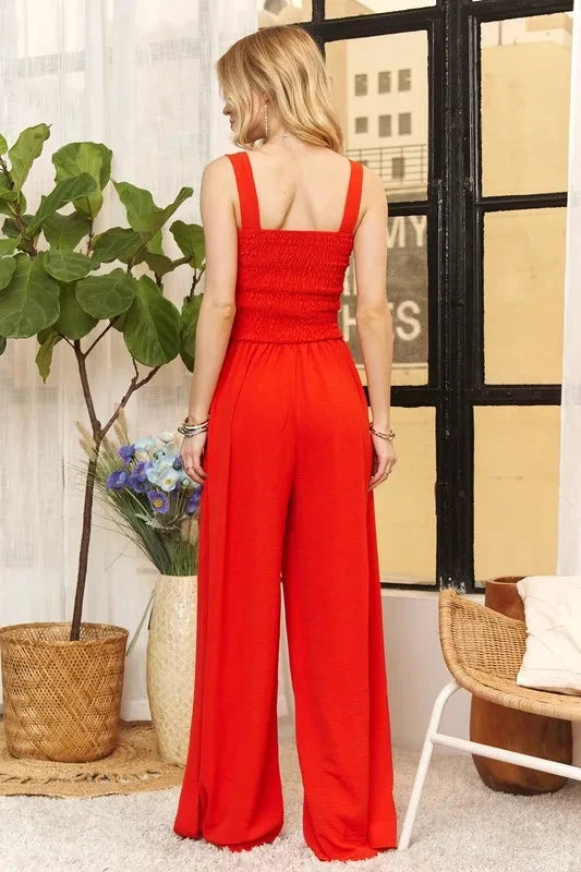 ADORA Full Size Smocking Top Wide Leg Jumpsuit Plus Size