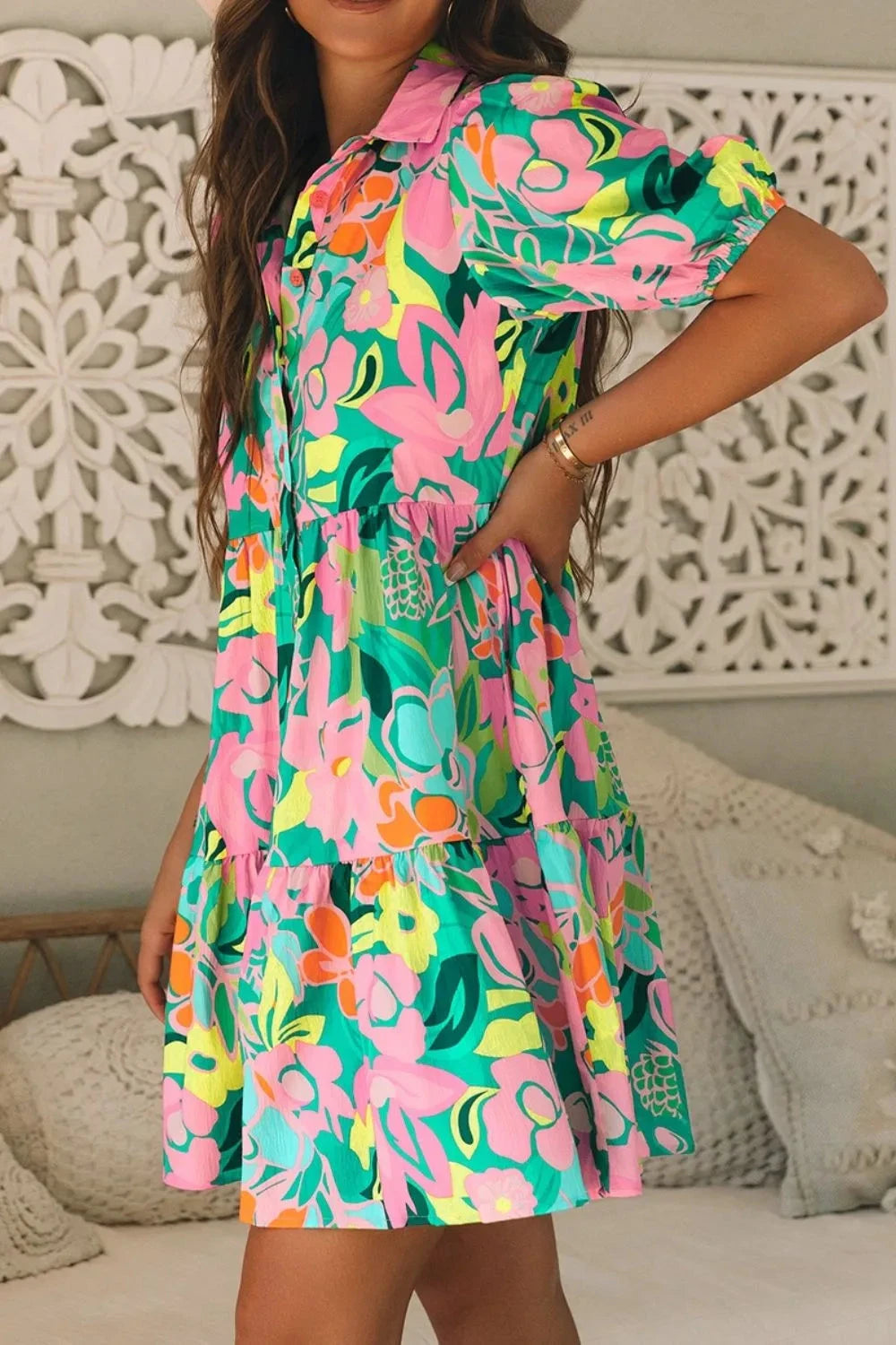 Button Down Floral Puff Sleeve Babydoll Dress