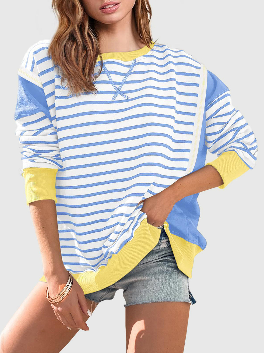 Slit Exposed Seam Striped Long Sleeve Sweatshirt - Laazaar