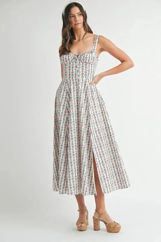 MABLE Floral Print Bustier Back Lace Up Midi Dress