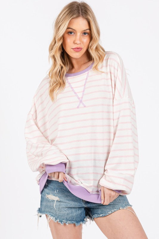 Ces Femme Striped Round Neck Drop Shoulder Sweatshirt - Laazaar