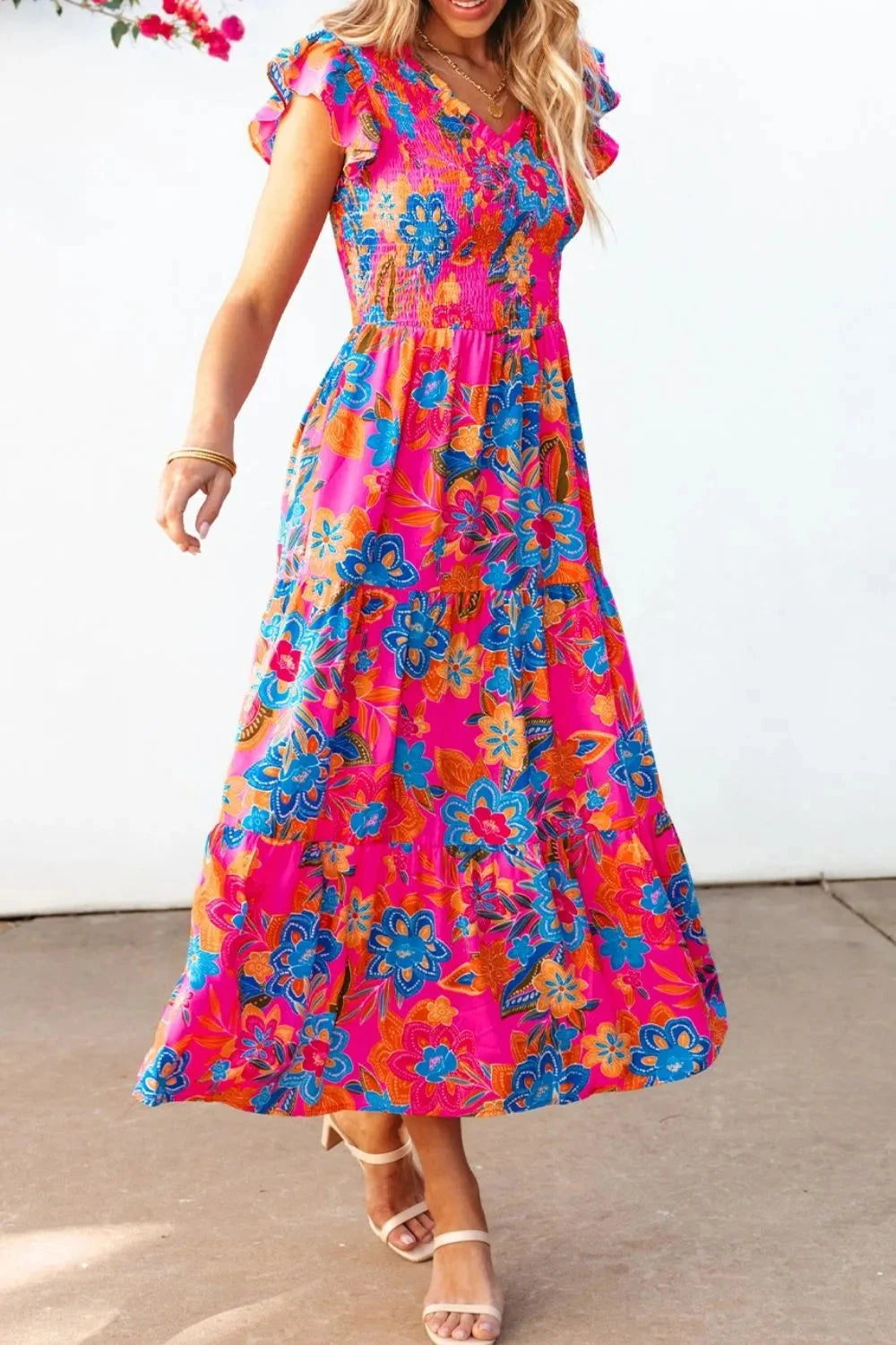 Boho Floral V Neck Ruffle Tiered Dress