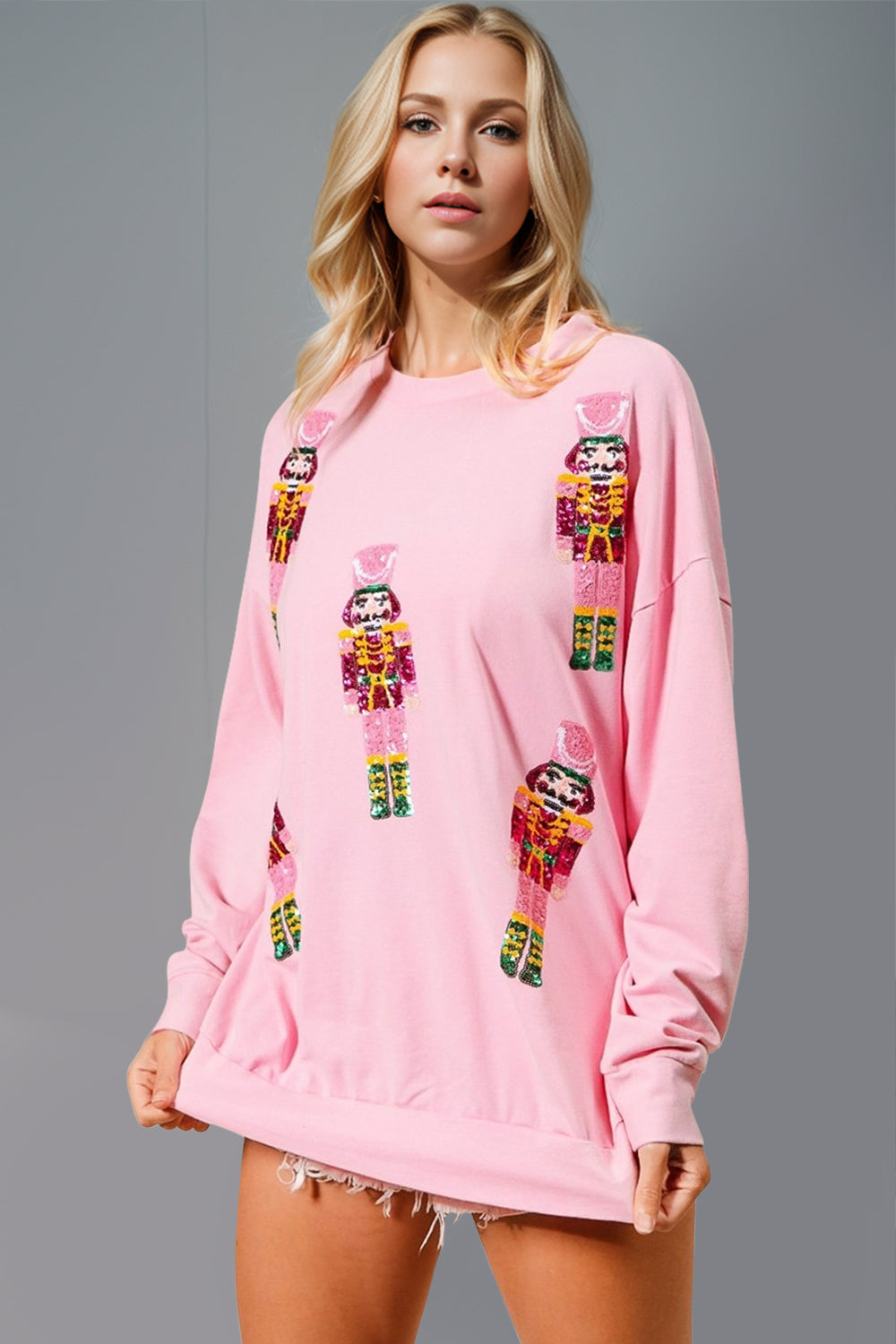 Double Take Sequin Nutcracker Round Neck Long Sleeve Sweatshirt - Laazaar