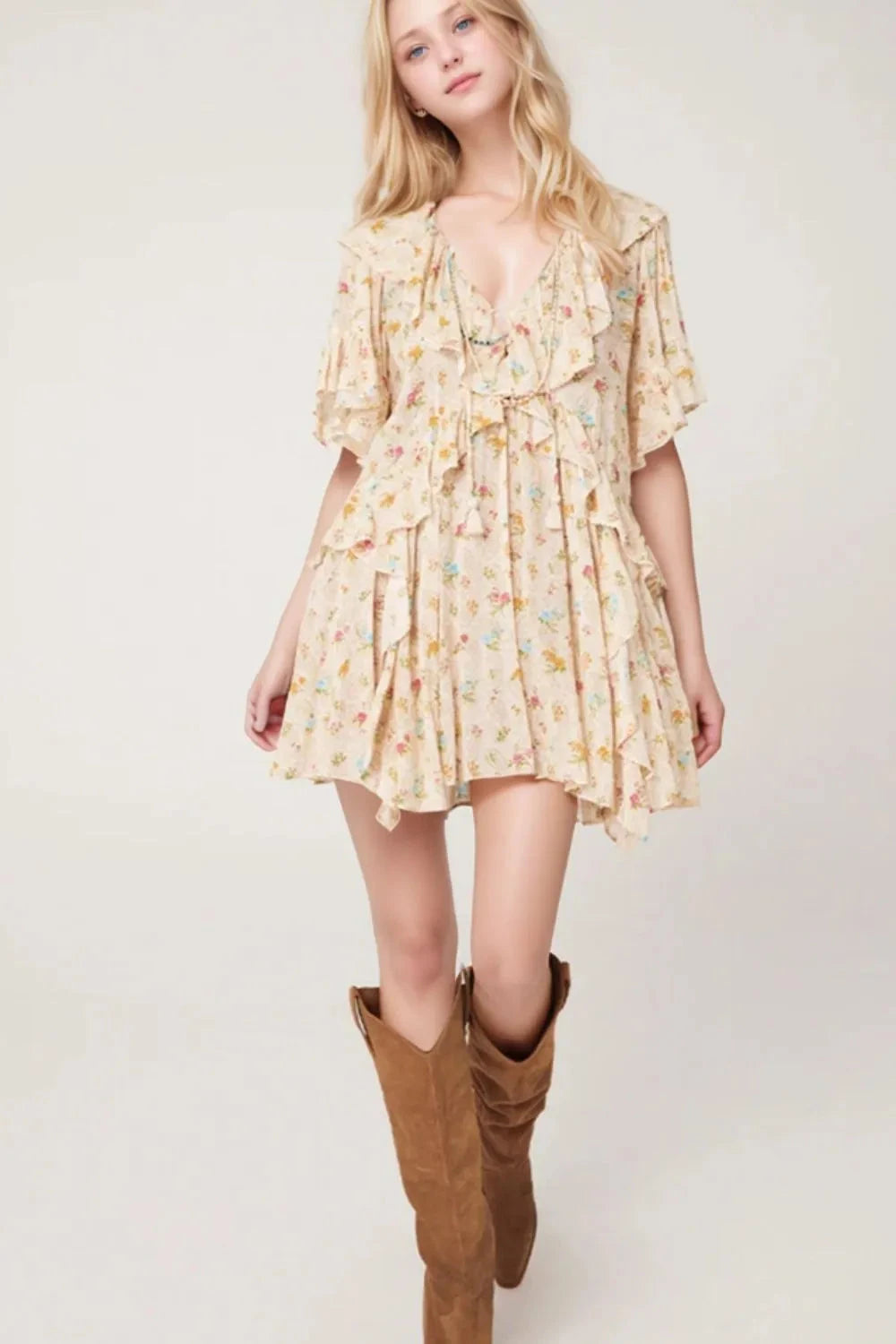 Boho Floral Tassel Tie V Neck Ruffle Wide Sleeve Mini Dress