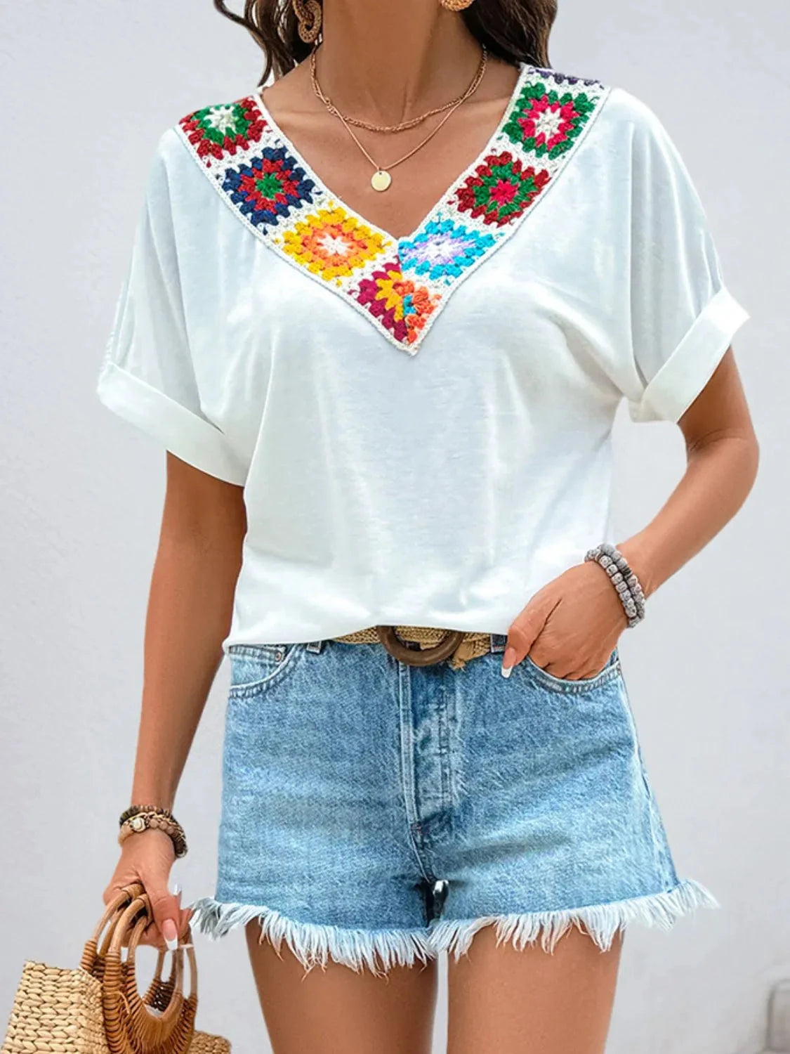 Contrast V-Neck Short Sleeve Top