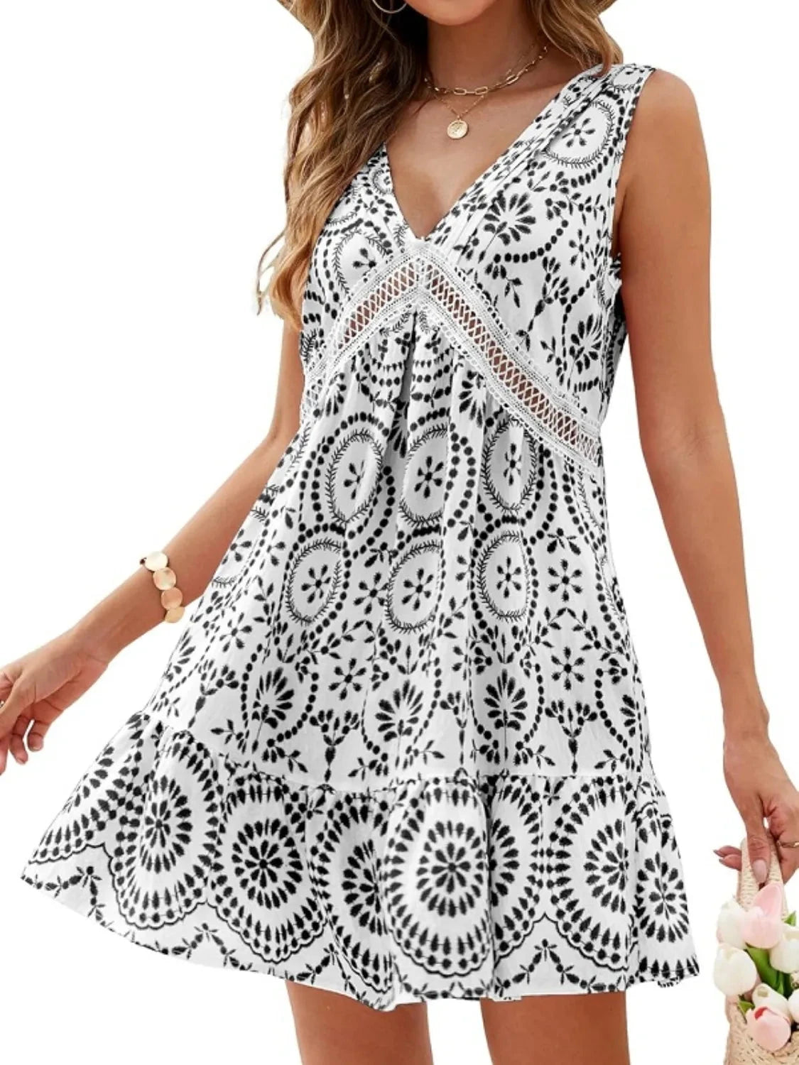 Printed V-Neck Sleeveless Mini Dress