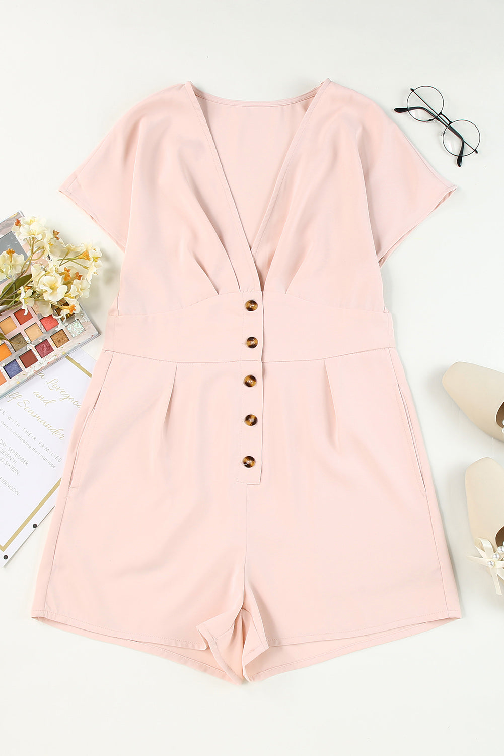 Buttoned V-Neck Short Sleeve Romper - Laazaar