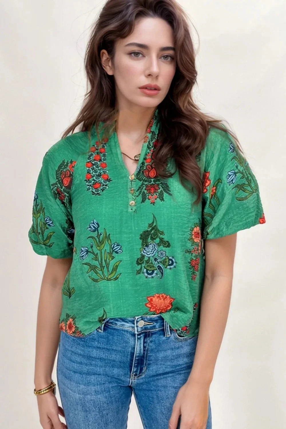 Floral Print Notched Short Sleeve Blouse