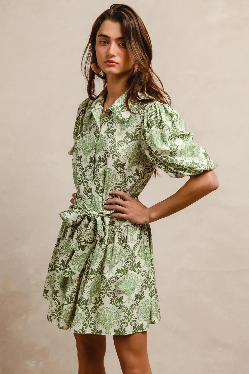 BiBi Tied Floral Short Sleeve Mini Shirt Dress