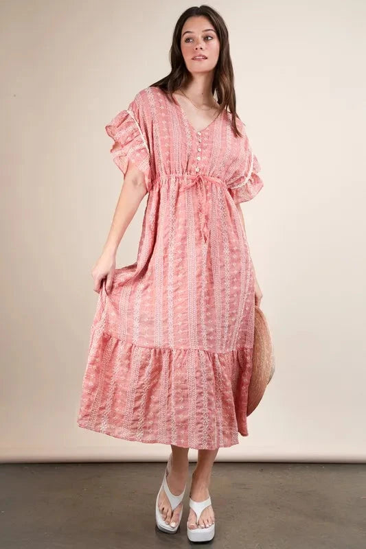 VERY J Embroidered Boho Ruffled Midi Dress