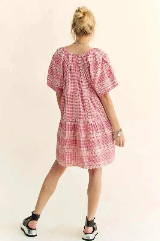Davi & Dani Embroidered Stripe Ruffled Gingham Mini Dress