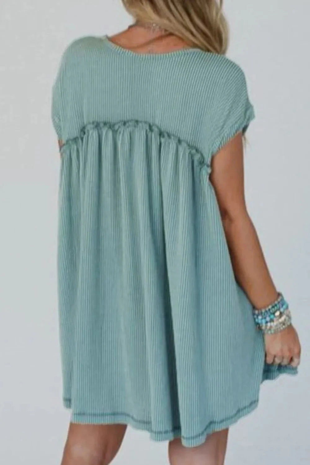 Frill Round Neck Cap Sleeve Mini Dress