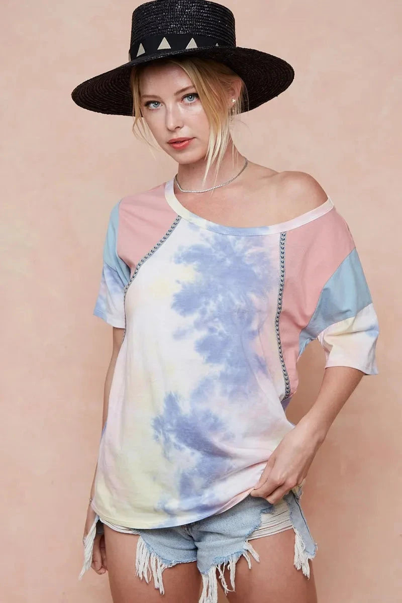 BiBi Tie Dye Printed Cotton Color Block T-Shirt