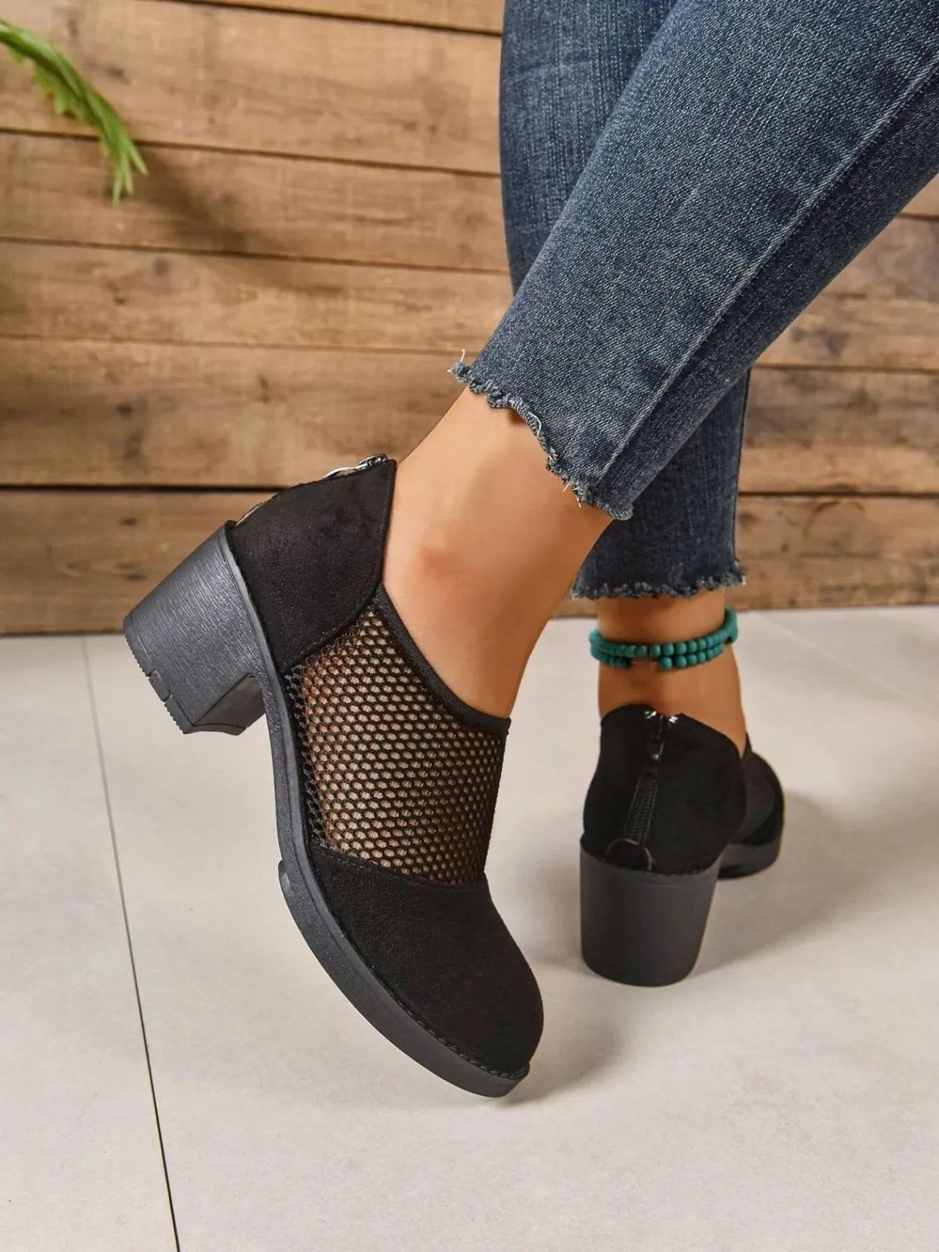 Mesh Panel Block Heel Pumps