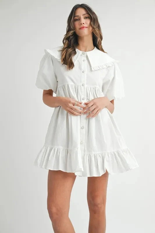 MABLE Ruffled Hem Peter Pan Collar Button Down Mini Dress