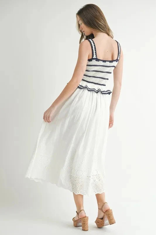MABLE Crochet Stripe Knit Eyelet Mix Midi Dress