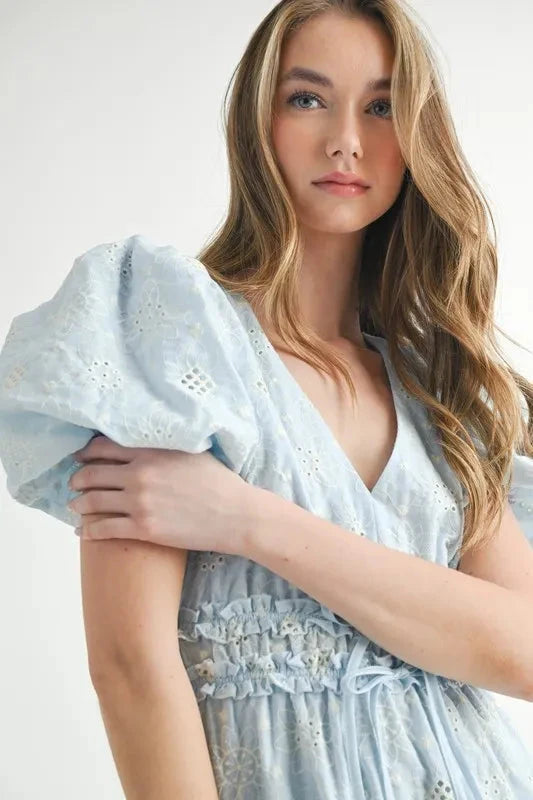 MABLE Eyelet Lace Puff Sleeve V Neck Midi Dress