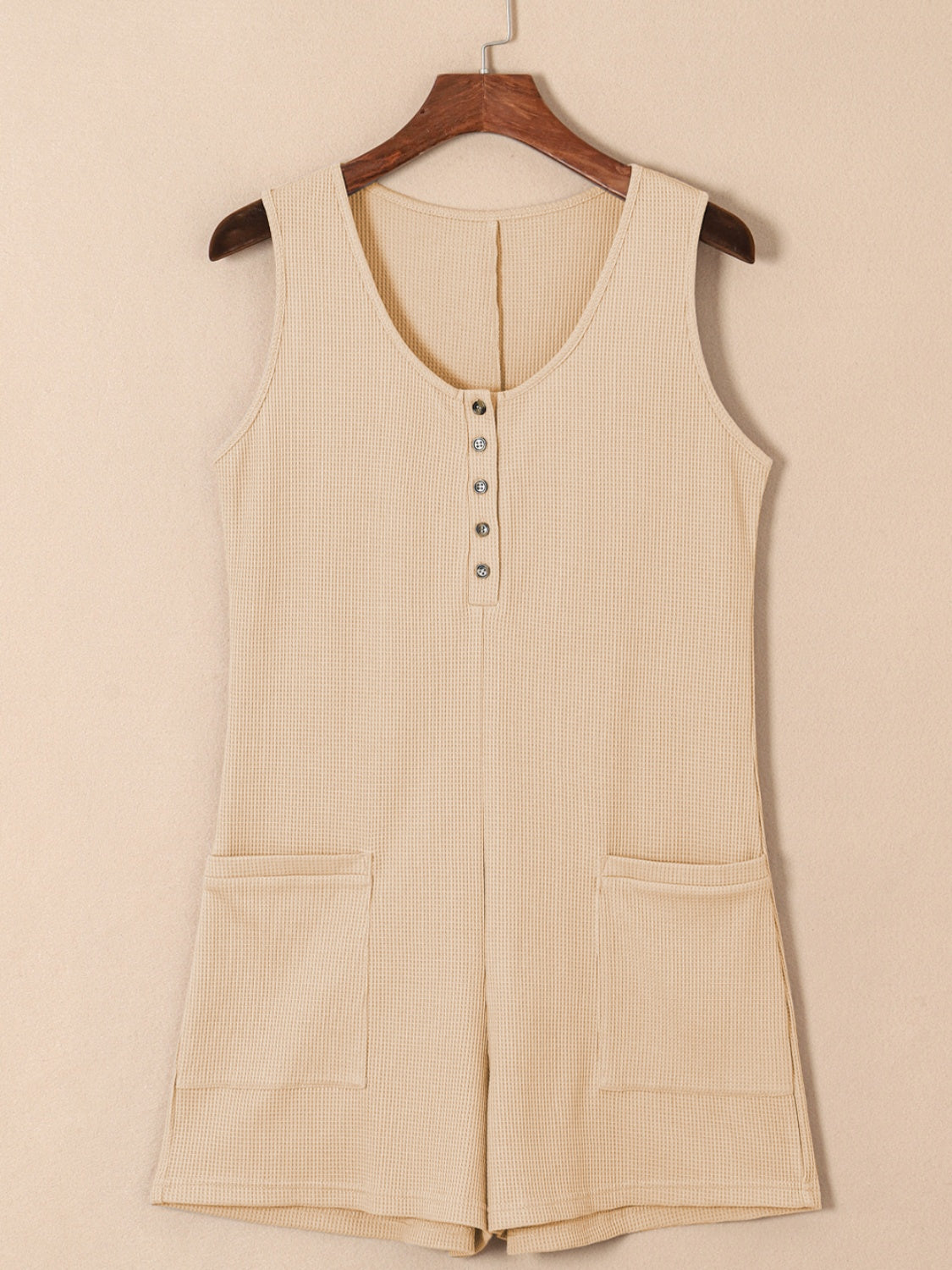 Waffle-Knit Half Button Sleeveless Romper with Pockets - Laazaar