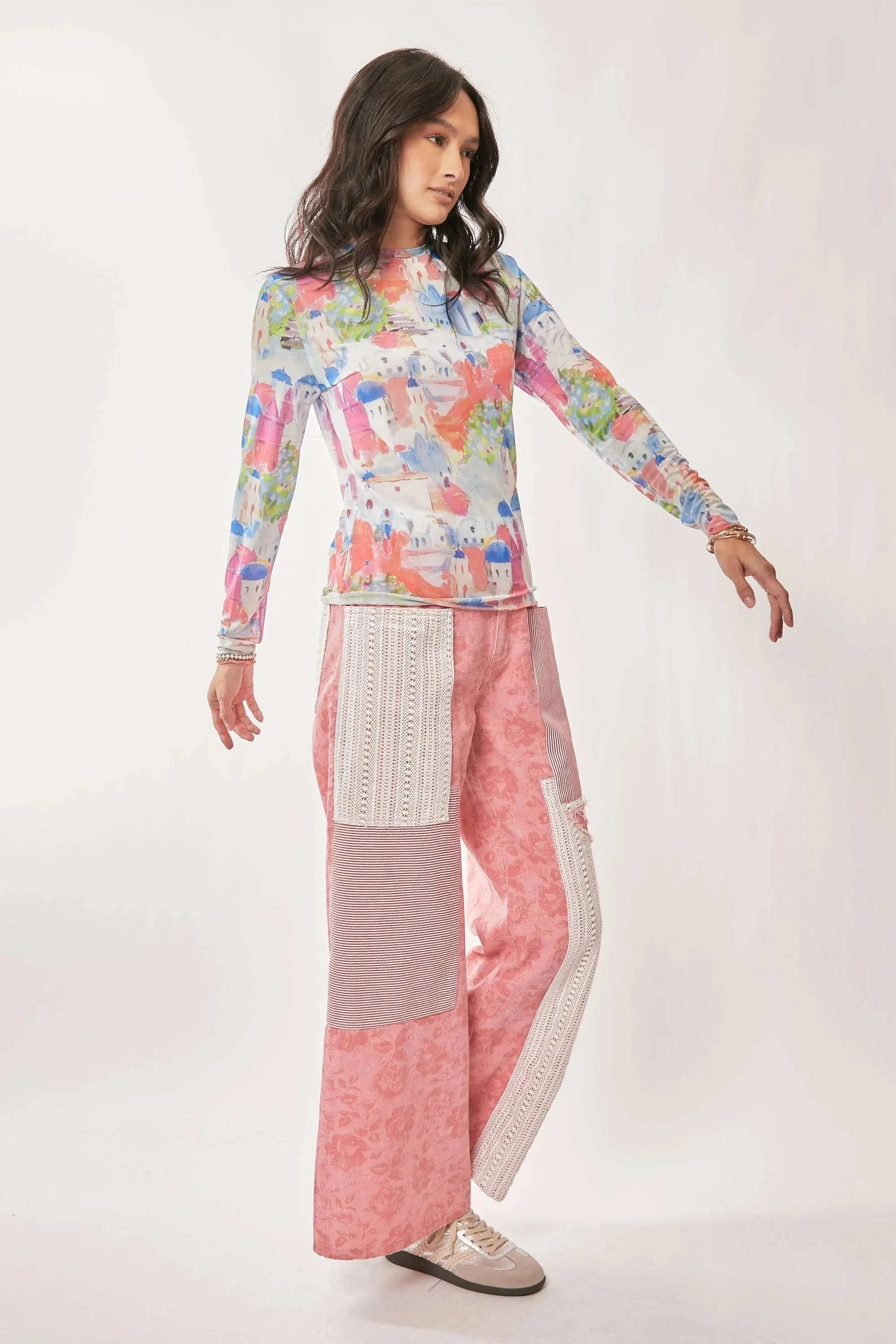 Davi & Dani Multi Printed Mesh Round Neck Long Sleeve Top