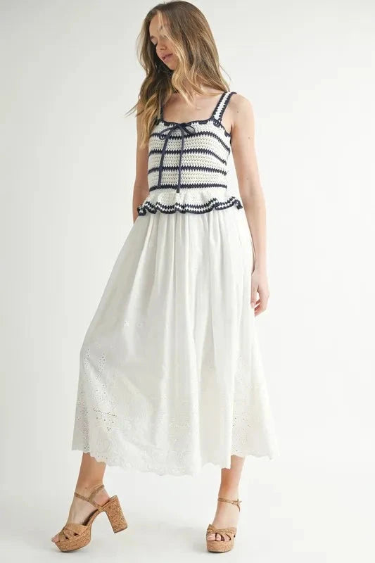 MABLE Crochet Stripe Knit Eyelet Mix Midi Dress