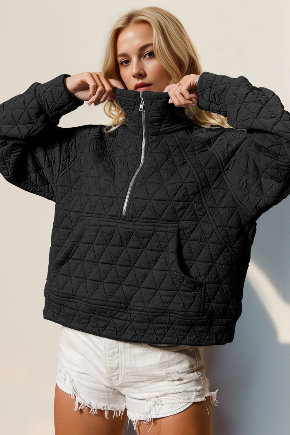 Double Take Half Zip Long Sleeve Quilted Sweatshirt with Pocket - Laazaar