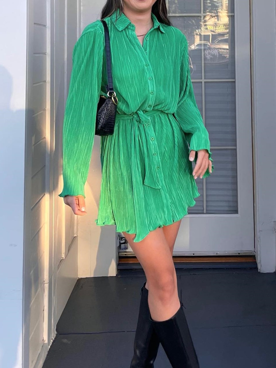 Tied Button Up Long Sleeve Dress - Laazaar