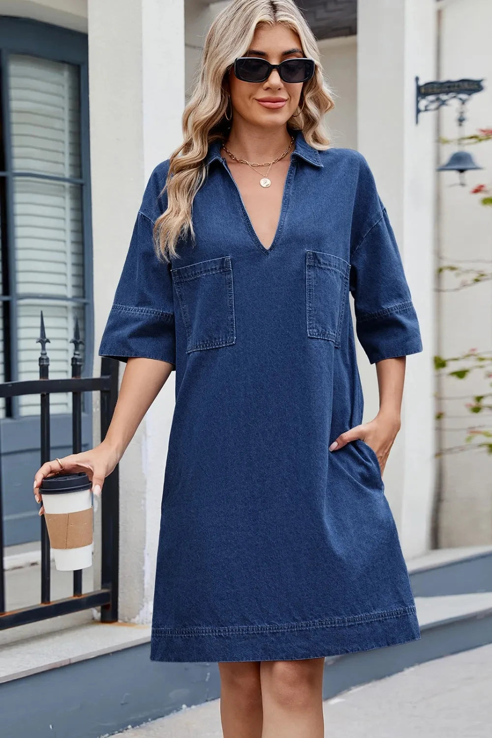 Johnny Collar Half Sleeve Denim Dress
