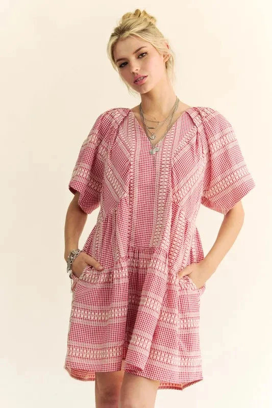 Davi & Dani Embroidered Stripe Ruffled Gingham Mini Dress