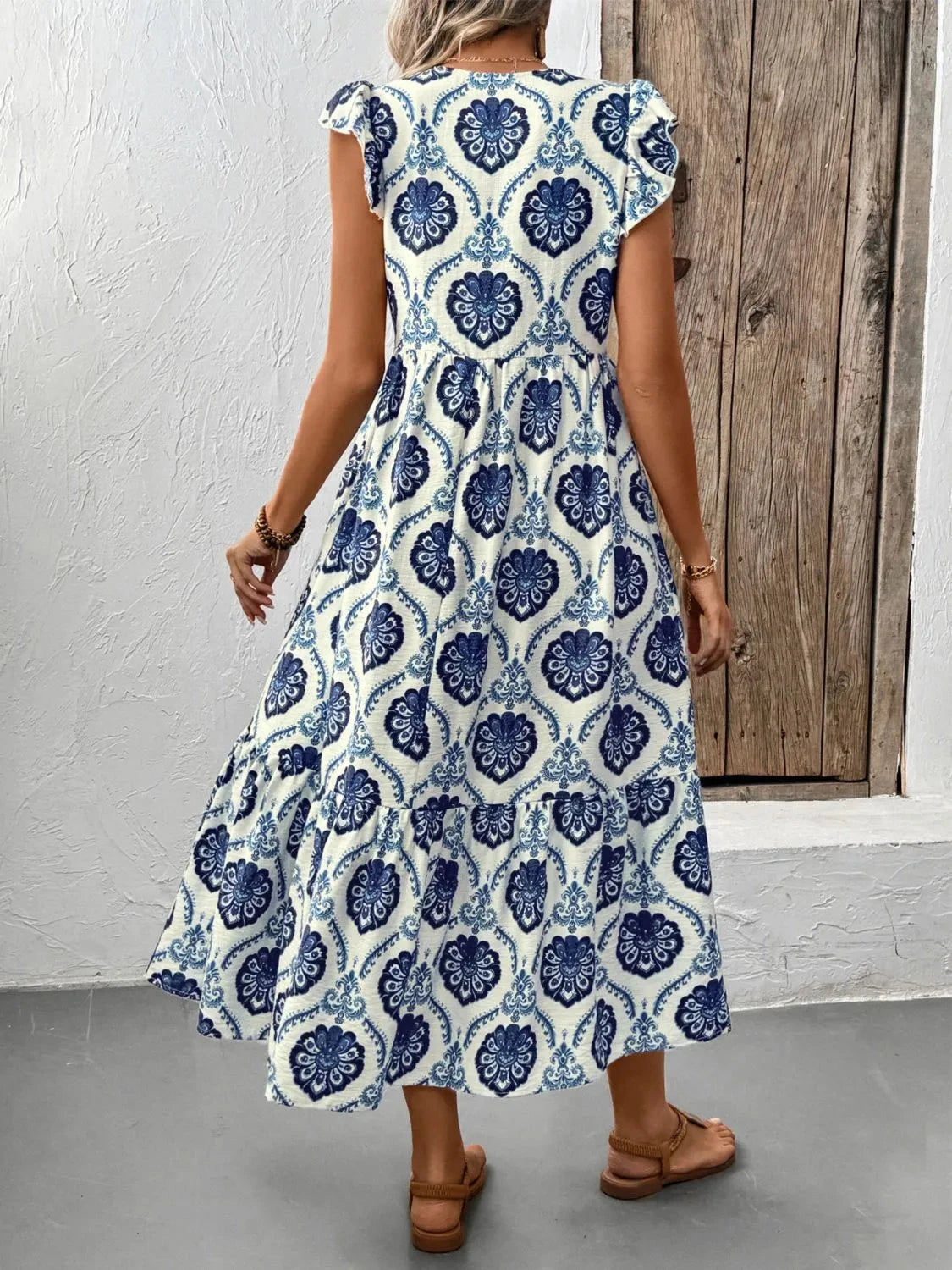 Printed V-Neck Cap Sleeve Dress