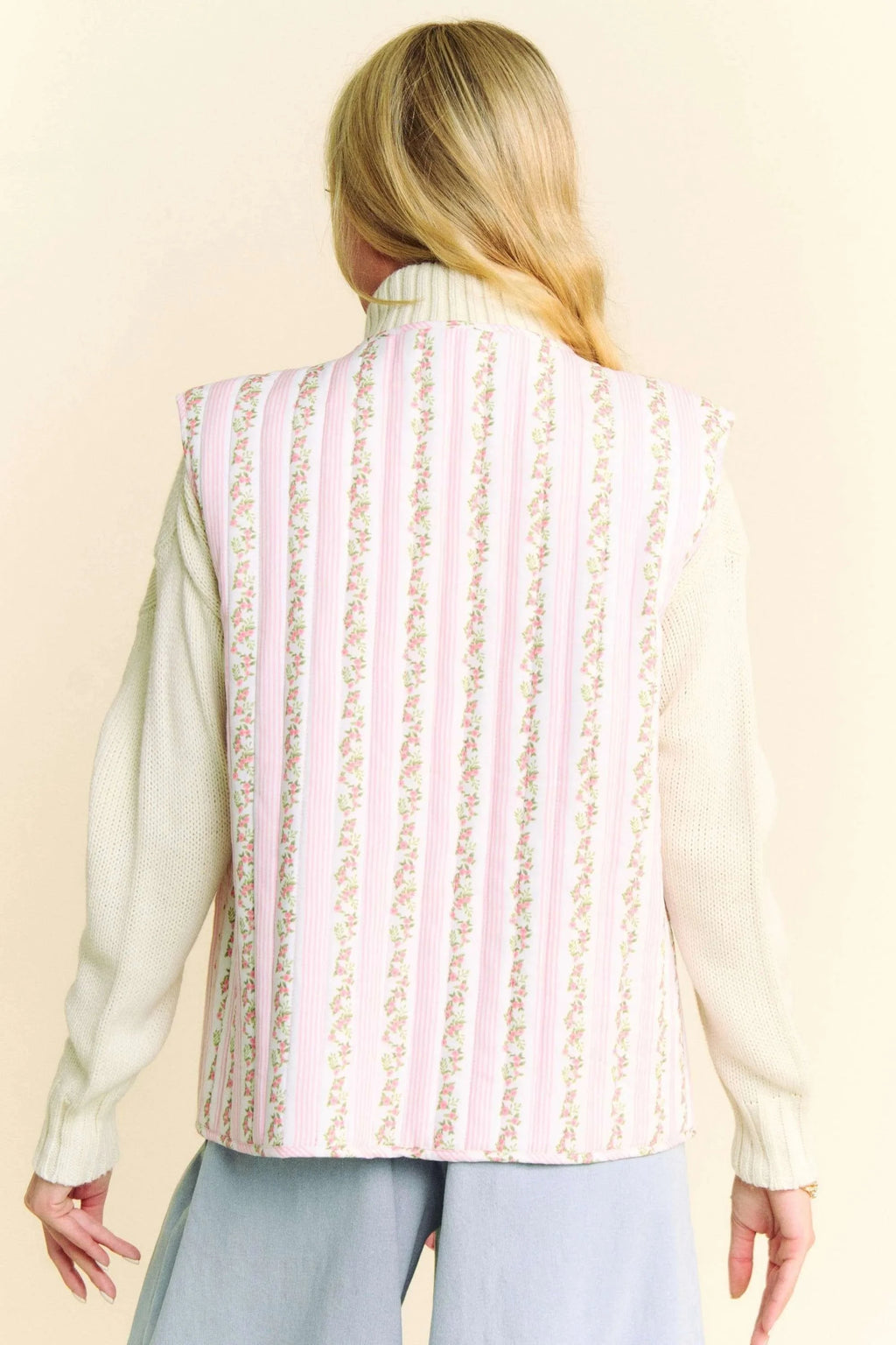 Davi & Dani Quilted Floral Bow Tie Front Padding Vest Jacket