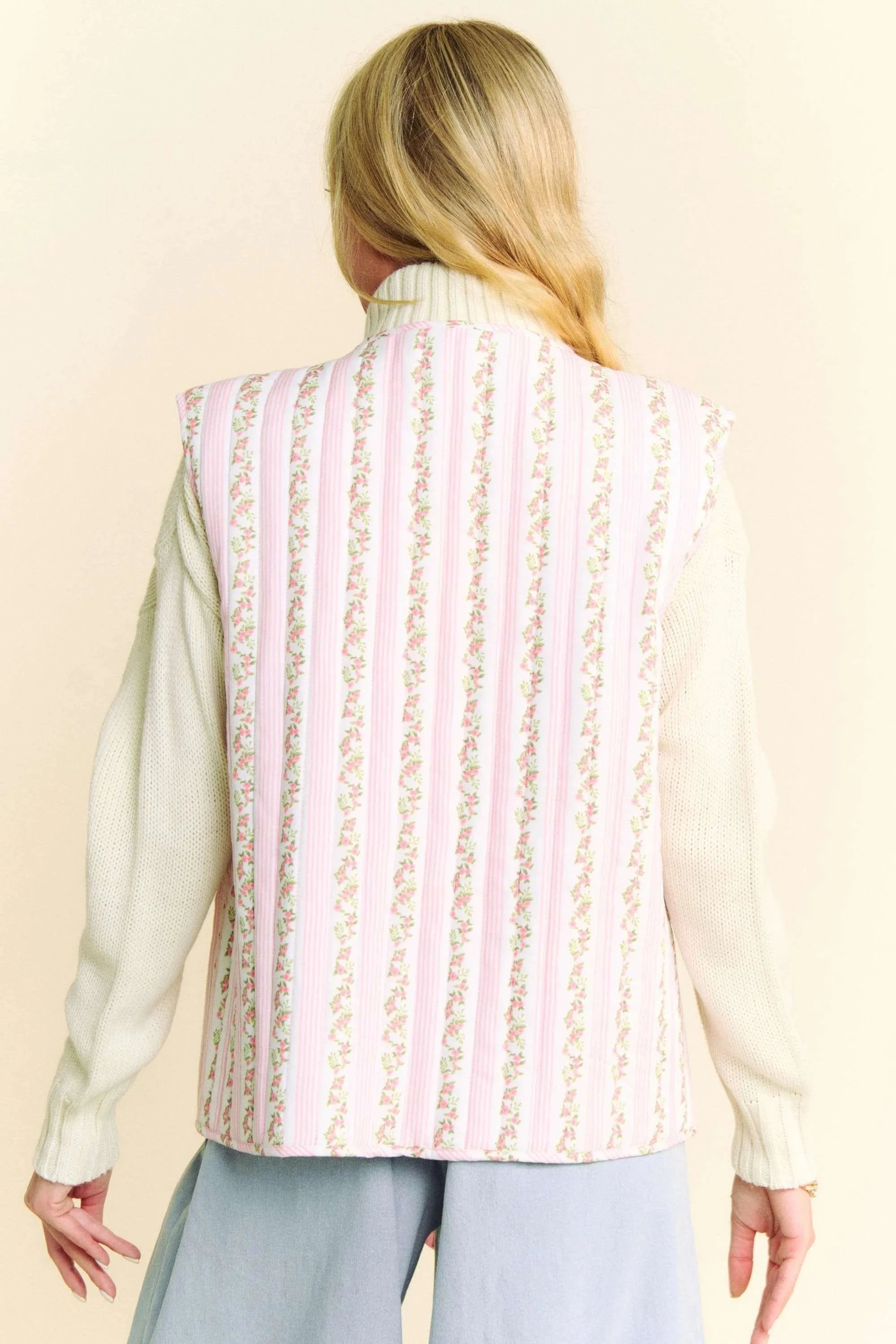 Davi & Dani Quilted Floral Bow Tie Front Padding Vest Jacket