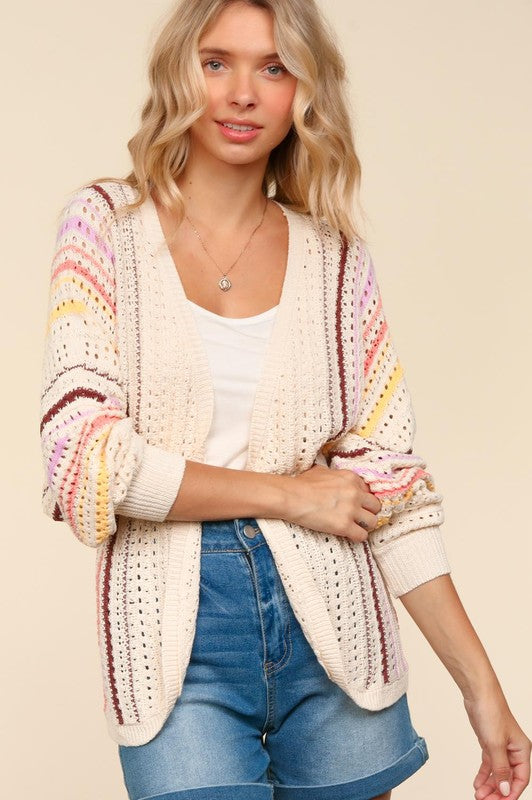 Haptics Full Size Striped Crochet Open Front Cardigan - Laazaar