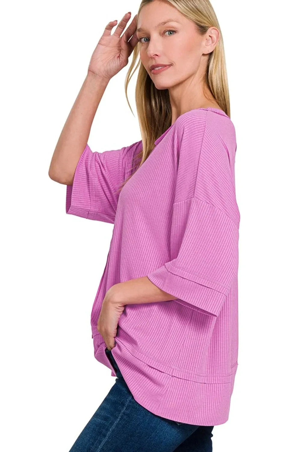 Zenana Ribbed Boat Neck 3/4 Sleeve Top