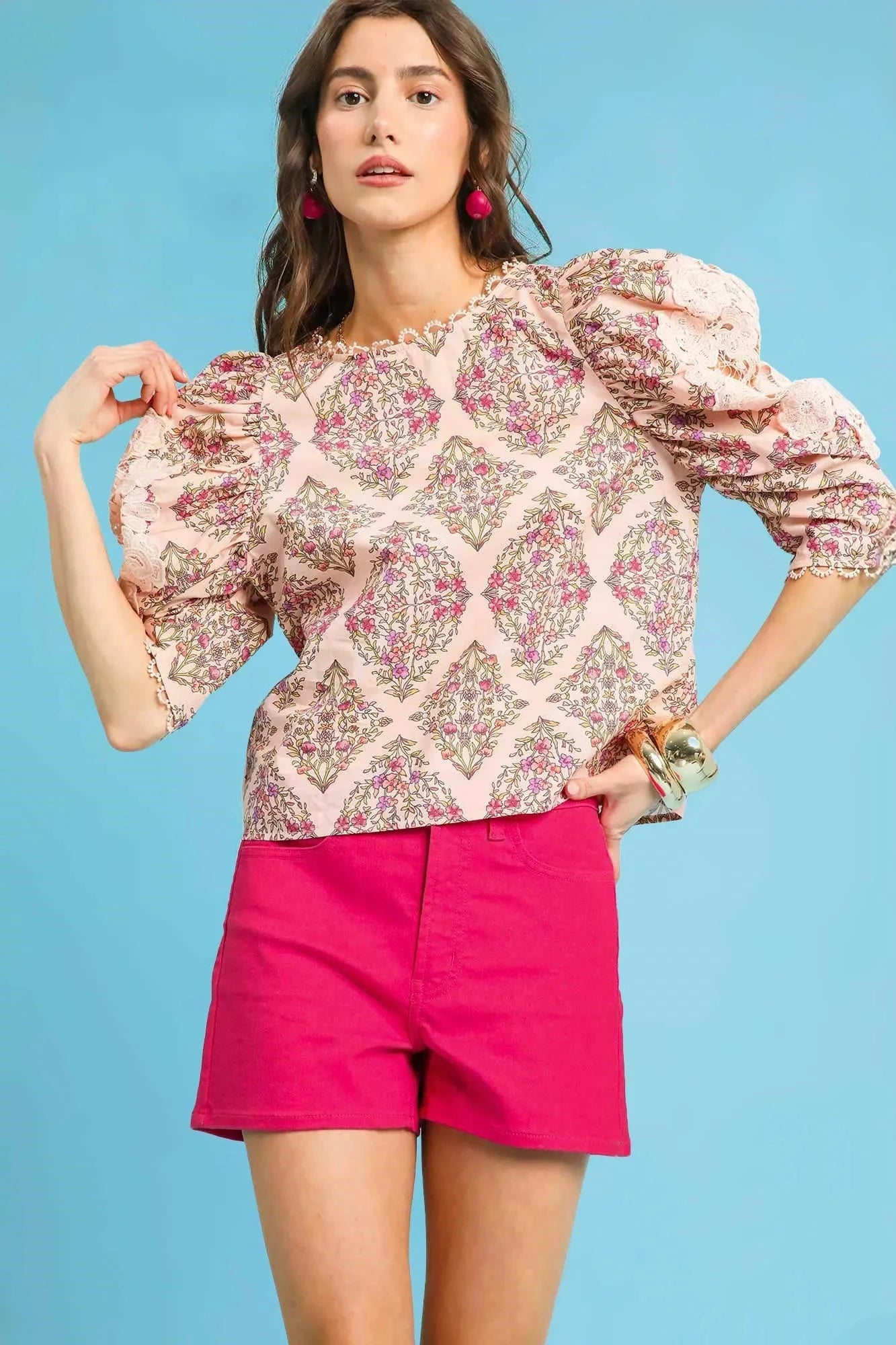Umgee Printed Lace Puff Sleeve Blouse