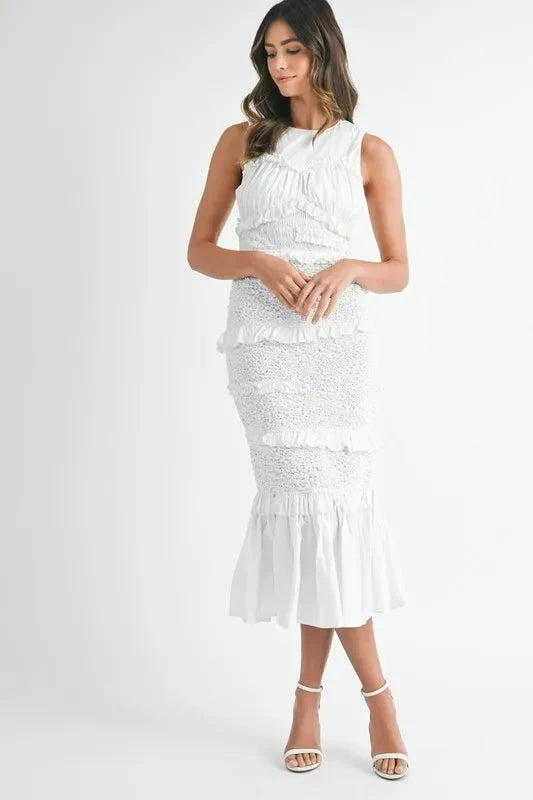 MABLE Ruffled Popcorn Smocked Mermaid Midi Dress