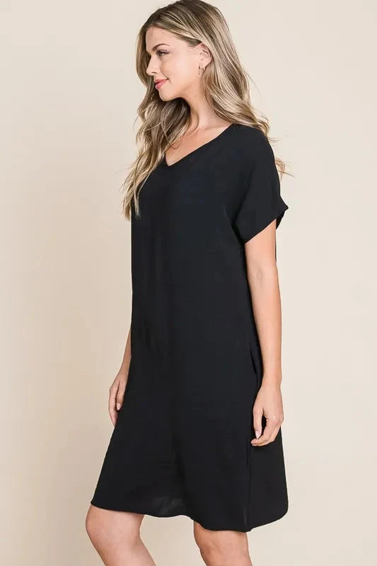 BOMBOM V-Neck Short Sleeve Dress with Pockets