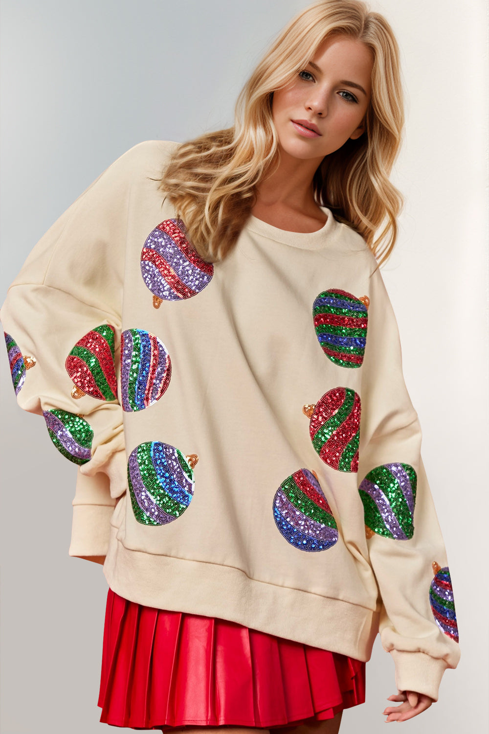 Double Take Christmas Element Sequin Round Neck Long Sleeve Sweatshirt - Laazaar