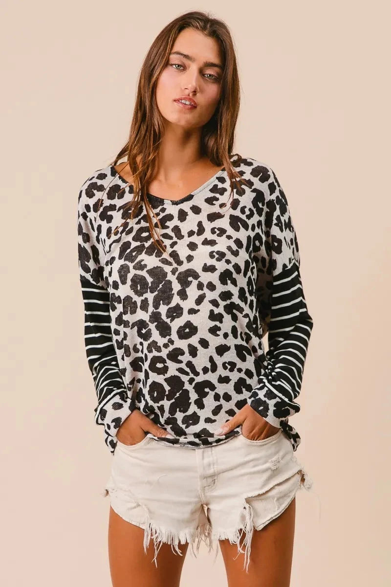BiBi Leopard Hacci Knit Twist Back Top With Stripe Sleeve