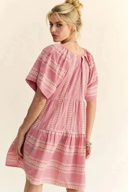 Davi & Dani Embroidered Stripe Ruffled Gingham Mini Dress