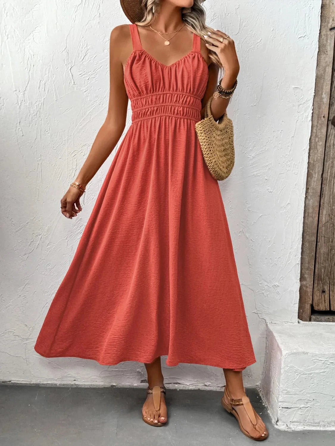 V-Neck Wide Strap Midi Cami Dress