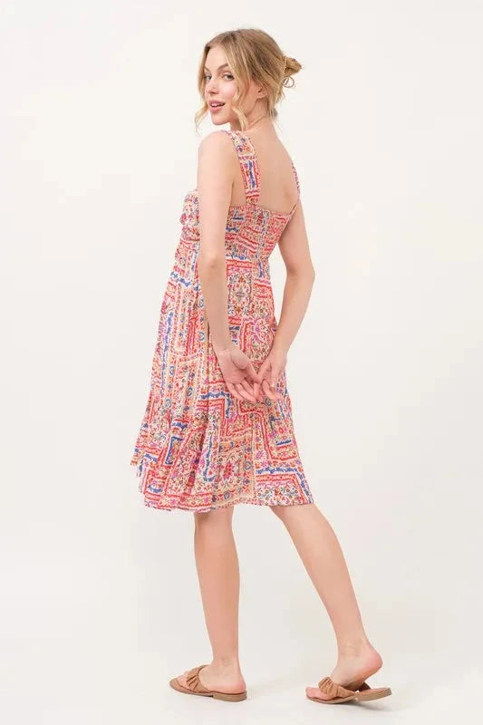 And The Why Tied Front Smocked Back Tiered Boho Printed Dress