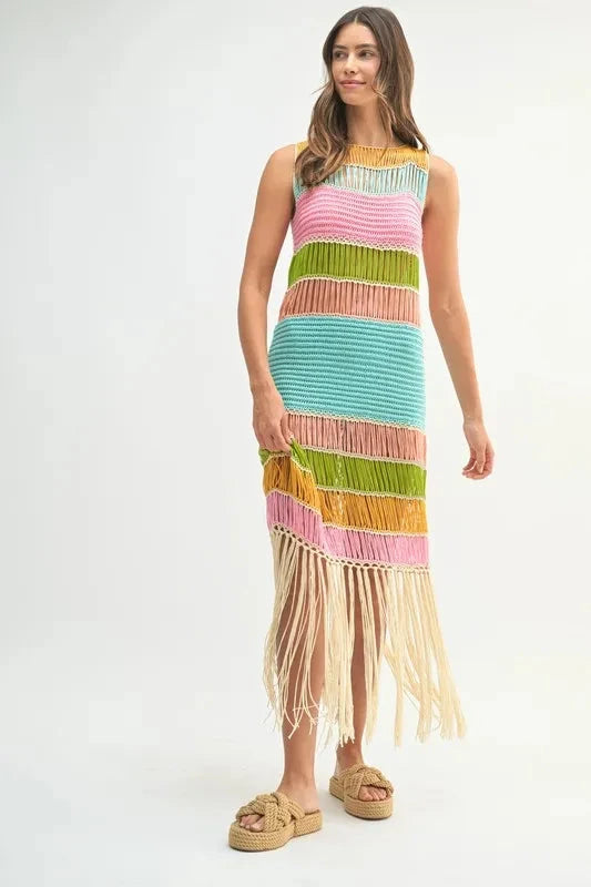 MABLE Multi Color Fringed Crochet Knit Dress