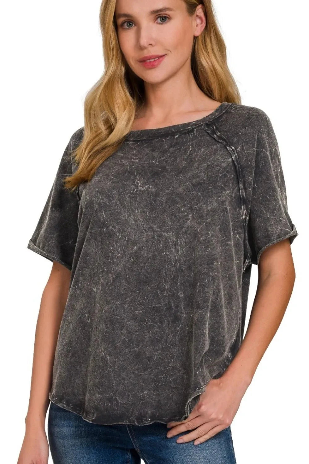 Zenana Back Patch Crinkle Washed Raglan Sleeve T-Shirts
